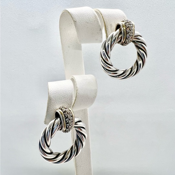 David Yurman Sterling Silver 18k Diamond Cable Door Knocker Earrings - Picture 11 of 12